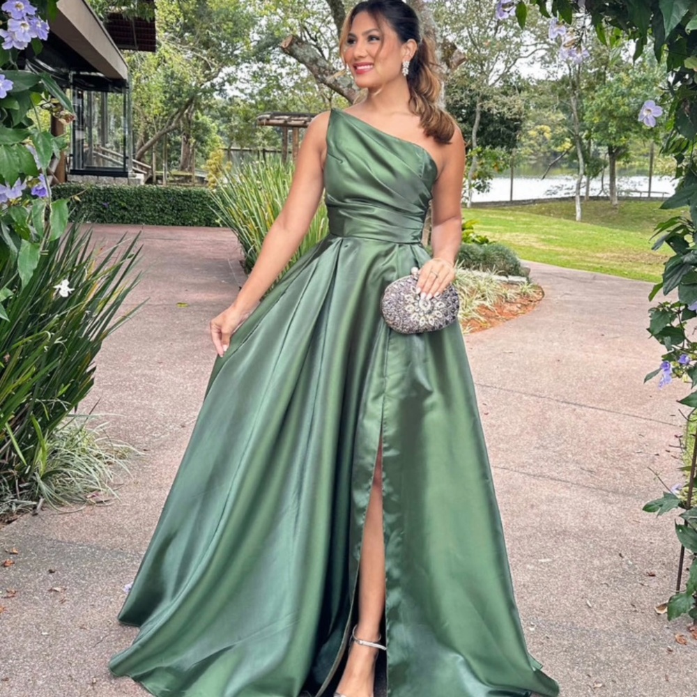 Sophisticated One-Shoulder Satin look  Gown in a beautiful olive Green